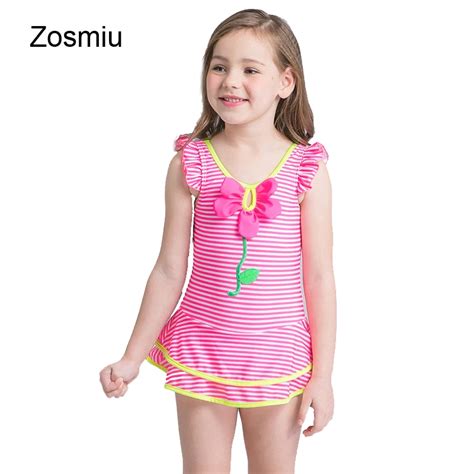 Zosmiu New Kids White And Pink Striped One Piece Swimsuit Girls Flower