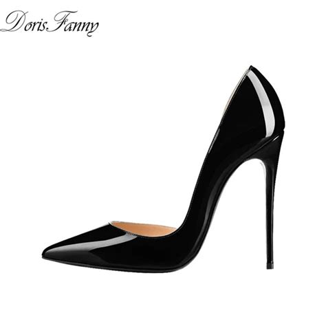 dorisfanny patent leather black heels 12cm stiletto pointed toe women sexy high heels pump shoes
