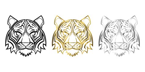 Three Color Black Gold And Silver Line Art Of Tiger Head Good Use For