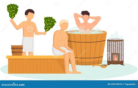 Sauna And Steam Room Set Of People In Sauna People Relax And Steam With Birch Brooms In Banya