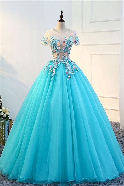 Quinceanera Dress Sweet 16 Dresses Blue Tulle Long Round Neck Evening Dress Long See Through