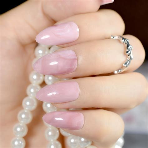 Stiletto Marble Nail Tips Light Pink Press On Artificial Fake Nails