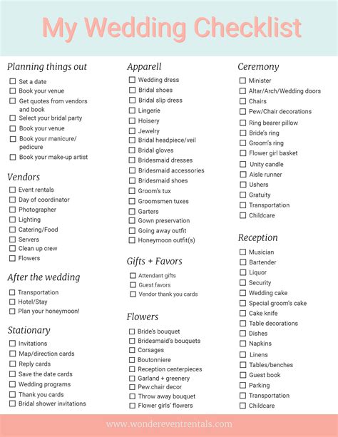 Free Printable Wedding Checklist