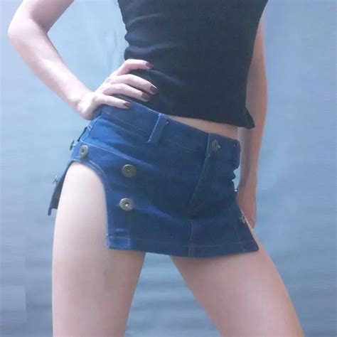 Women Open Crotch Tassel Pencil Micro Mini Jeans Skirt Tight Hip Slim Package Hip Skirt Button
