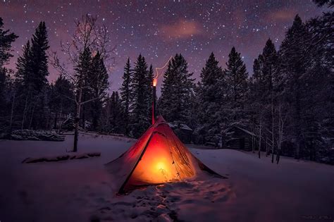 Winter Snow Tents Sky Trees Night Forest Wallpapers