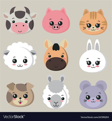 Collection Of Cute Animal Faces Big Icon Vector Image