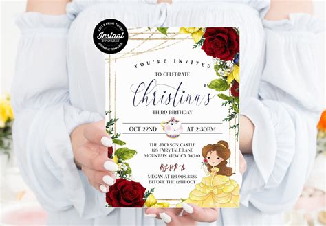 Beauty And The Beast Invitation Belle Birthday Invite Editable Etsy