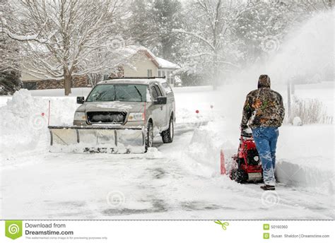 Workers Clearing Snow With Blower And Snow Plow Stock Photo Image Of