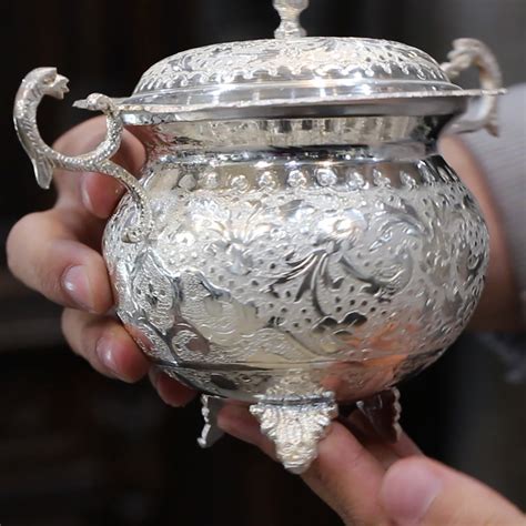 Luxury Engraved Persian Handicraft Ghalamzani On Silver Sugar Pot
