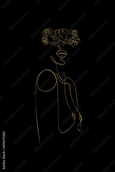 Abstract Face With Flowers By Gold One Line Vector Drawing Portrait