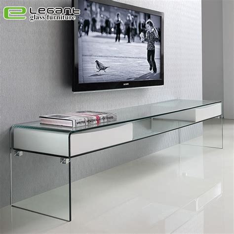 Contemporary Clear Glass Tv Stand With High Gloss White Painting
