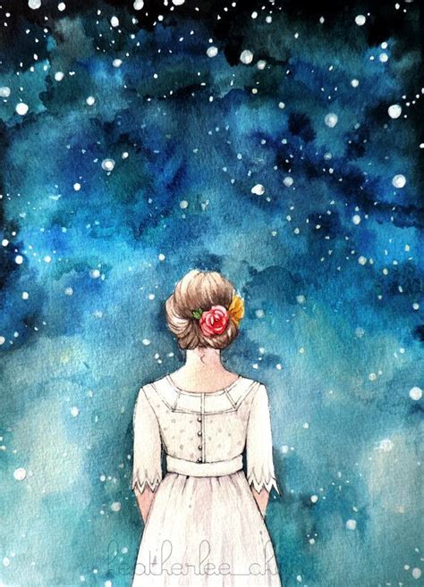 Starry Night Sky And Girl Art Watercolor Print Watercolor Art