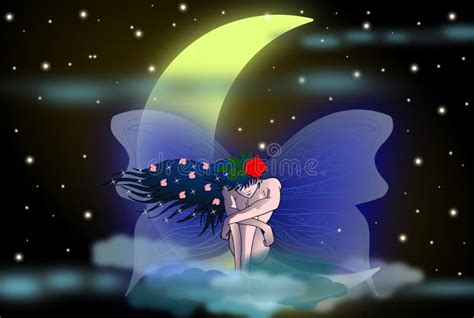 Fairy Sitting On The Moon In A Starry Night Stock Illustration