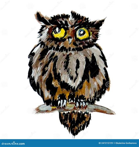 Cartoon Illustration Of An Owl Funny Owl On A Branch With Yellow Crazy