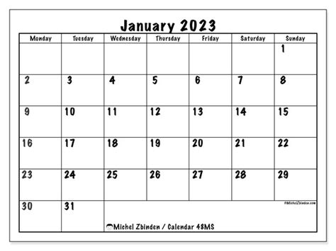 January 2023 Printable Calendar “48ms” Michel Zbinden Ie