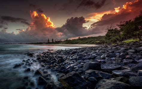 nature landscape beach australia sunset clouds sea rock trees sky sand coast hdr