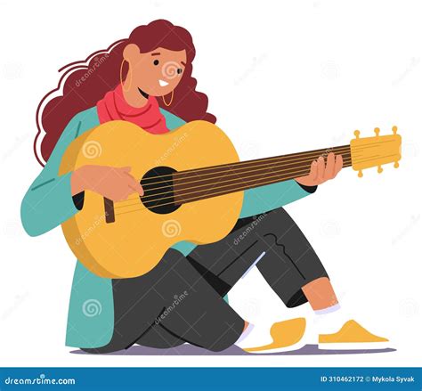Woman Music Teacher Sits on the Floor, Fingers Dancing on Guitar