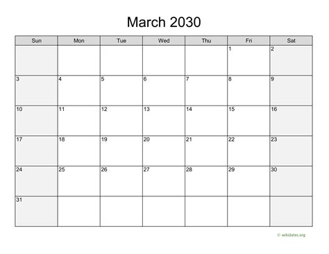 March 2030 Calendar With Weekend Shaded