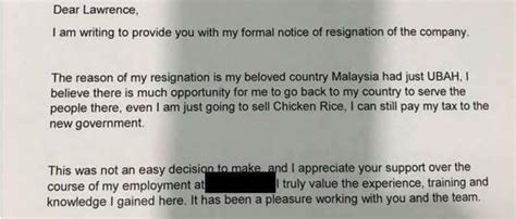 Academic reasons for resignation 1. Malaysians touched and inspired by countryman's resignation letter, to leave Singapore and ...
