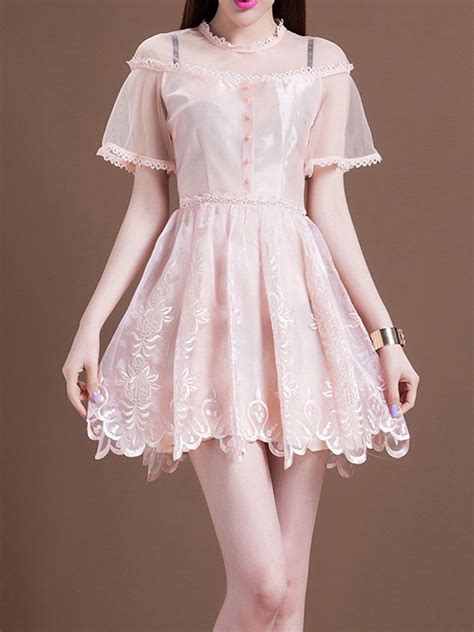 Floral Embroidery Organza Skater Dress In Pastel Pink Korean Fashion