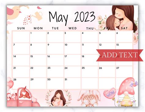 Editable May 2023 Calendar Printable Wall Calendar 2023 Mothers Day Calendar Monthly Calendar