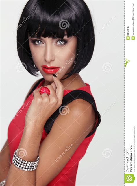 Beauty Brunette Woman Makeup Stylish Fringe Black Short