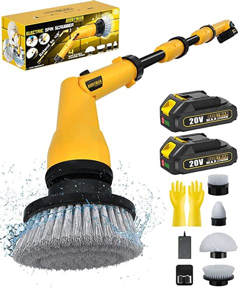 2 Battery Electric Spin Scrubber 1000rpm Cordless Cleaning Brush Waterproof With