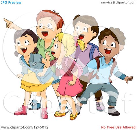 Clipart Of Excited School Children Looking And Pointing Royalty Free