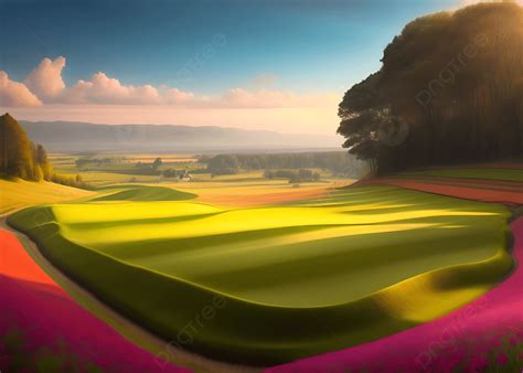 Green Field Beautiful Scenery With Colorful Background Ai Artwork