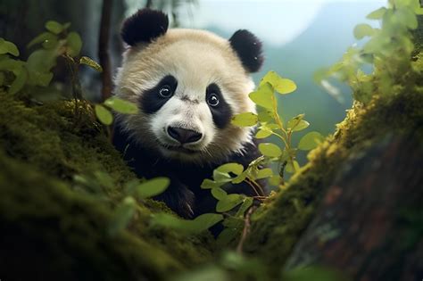 Premium Ai Image Panda Hiding Behind A Tree In A Forest Cute Giant