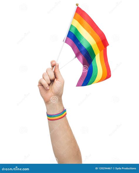 Hand With Gay Pride Rainbow Flags And Wristband Stock Image Image Of