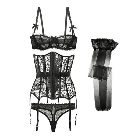 sexy lace corset half cup push up ladies bra low waist thong bra corset thong stockings 4 pieces