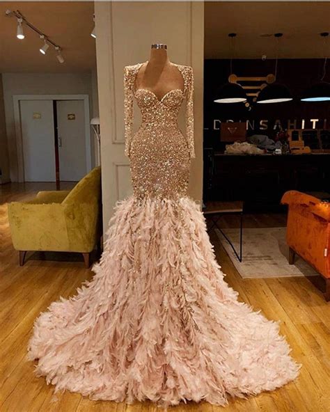 champagne sparkly evening dresses long sleeve mermaid feather luxury modest elegant evening gown