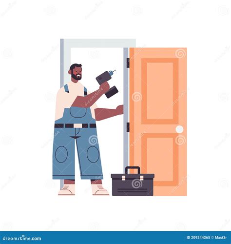 Professional African American Handyman In Uniform Installing Door With