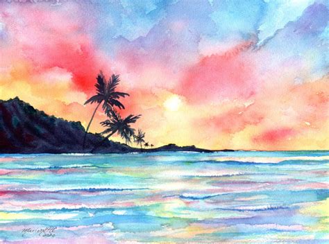 Sunset Beach Painting Original Watercolor Hawaiian Sunset Palm Trees
