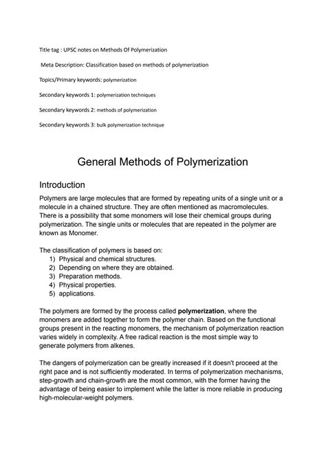 Solution General Methods Of Polymerization Studypool