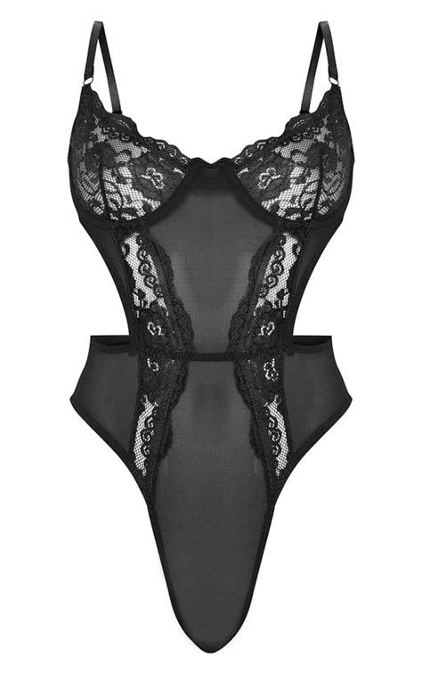 Black Lace Cup Cut Out High Leg Body Prettylittlething