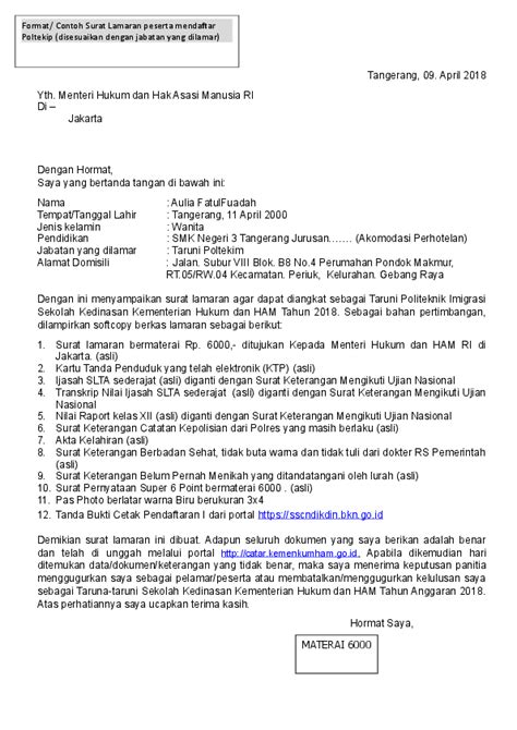 Jadi sertakan pengalaman dan portofolio kalian. Contoh Surat Lamaran Ditujukan Kepada Menteri Hukum Dan ...