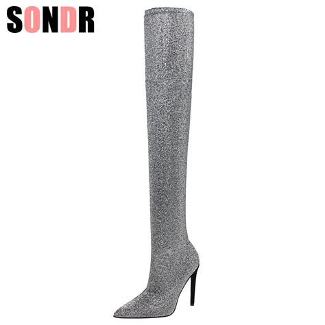 size 34 40 sexy bling bling luxury sequin cloth thigh high heels elastic shoe glitter stiletto