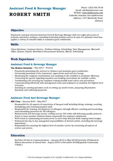 22 food and beverage attendant resume examples word pdf 2020. Assistant Food and Beverage Manager Resume Samples | QwikResume