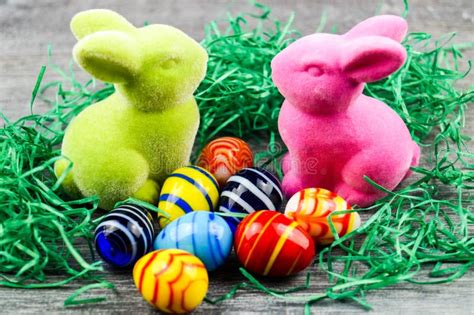Happy Easter Rabbit And Colored Eggs Stock Image Image Of Cute Frohe
