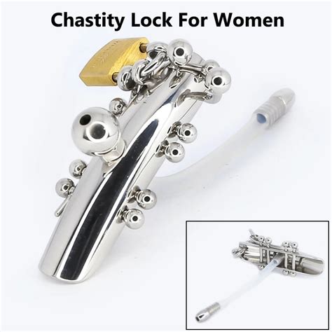 Stainless Steel Female Chastity Lock With Urethral Catheter Labia And Charistinga Piercing Lips