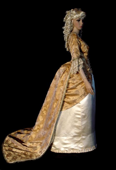 1880s Gold Brocade Ivory Satin Silk And Lace Bustle Ball Gown Dress W