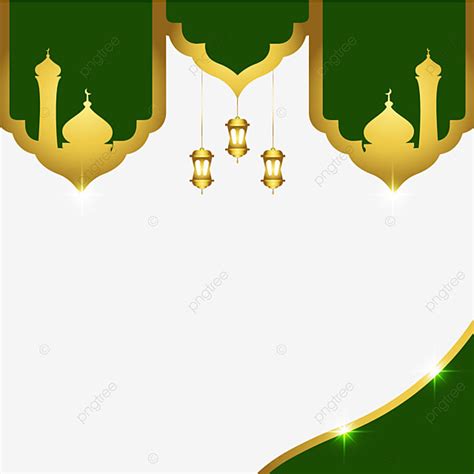 Gambar Bingkai Islami Hijau Dengan Masjid Dan Lentera Emas Emas Pita