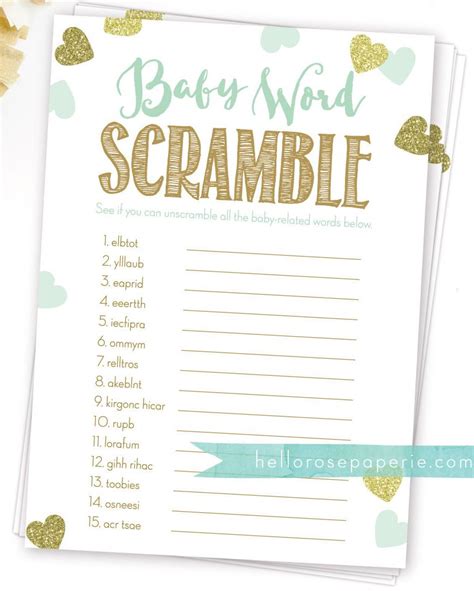 The worksheets are offered in developmentally appropriate versions for kids of different ages. Baby Word Scramble Game . Mint and Gold Baby Shower Game . Printable Instant Download . Boy Girl ...