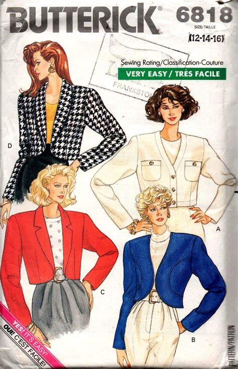 Butterick 6818 Womens Bolero Jackets 80s Vintage Sewing Pattern Size 12