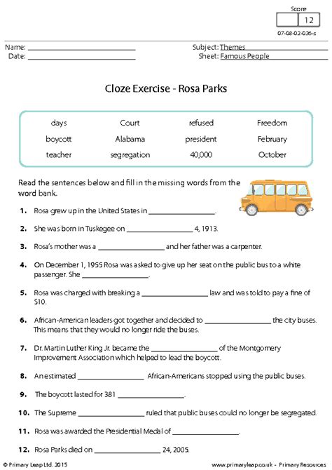 Reading comprehension worksheets for 5th graders; Cloze Activity - Rosa Parks