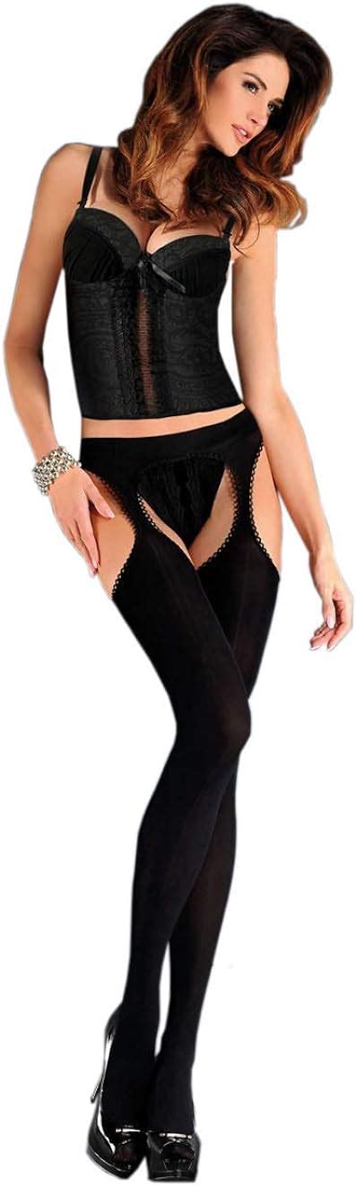 Ladies Adult Black Integrated Stockings Suspender Set Very Comfortable