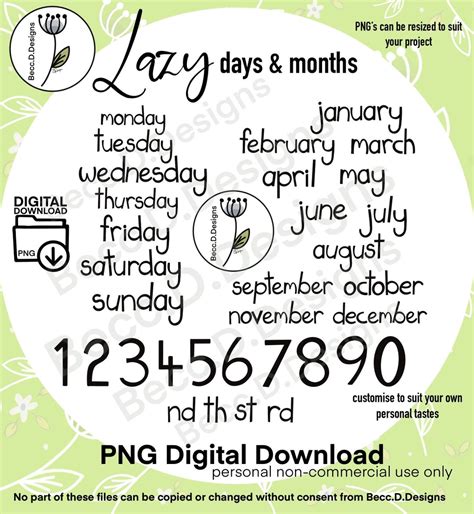 Lazy Days And Months Headings Png Instant Download Calendar Etsy