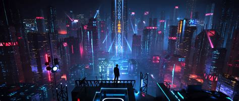 Digital Art Men City Futuristic Night Neon Science
